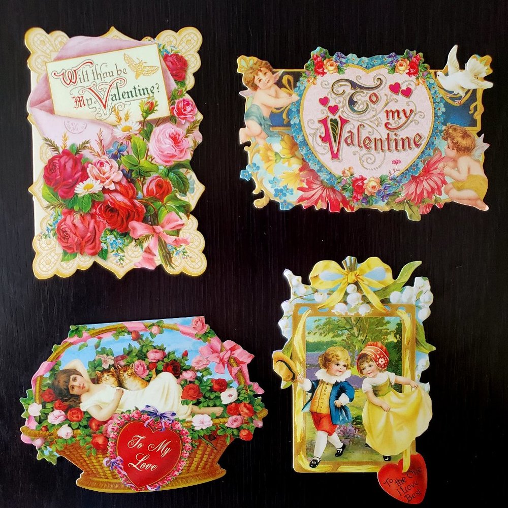 Victorian Girl in Basket, Framed Girl Boy, Cupid Valentine's Day Card Lot of 4